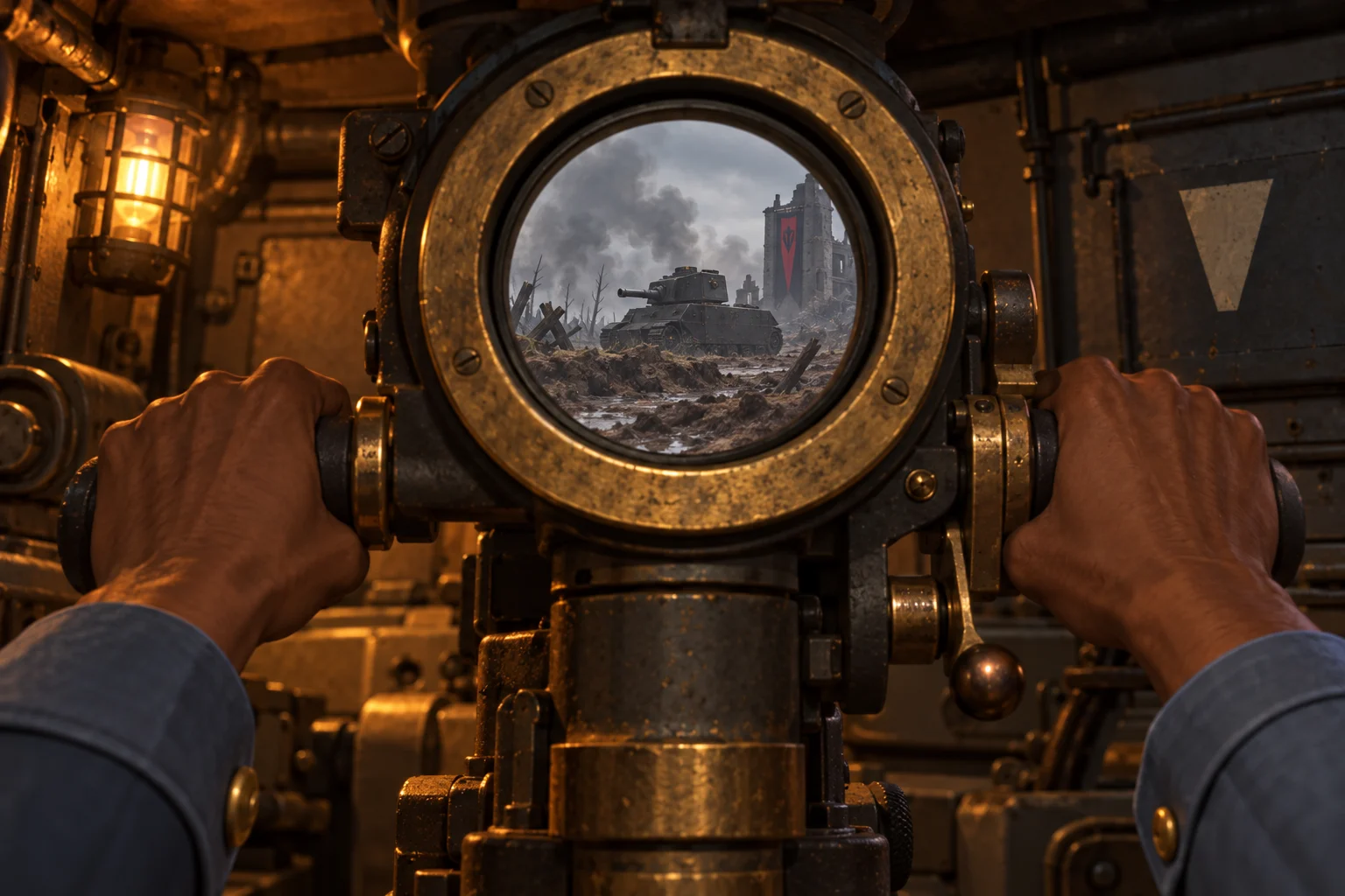 Marcus’s dark-brown hands at the brass gunner controls, looking through the periscope.