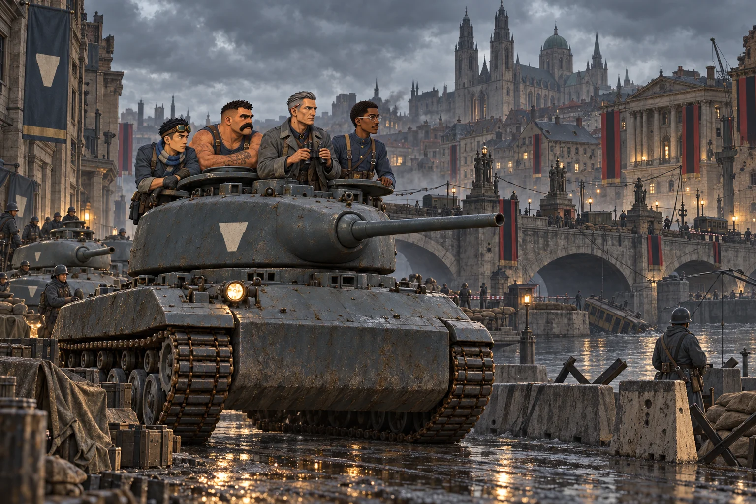 Haldenburg’s river, Old Bridge and occupied university beyond a Nordhaven convoy.