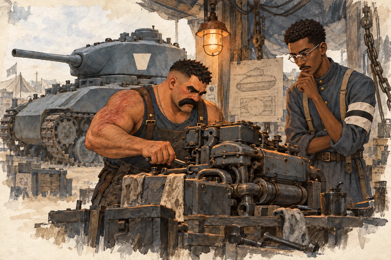 Oscar and Marcus inspect an engine beneath one amber lamp in Stonefirth’s field workshop.